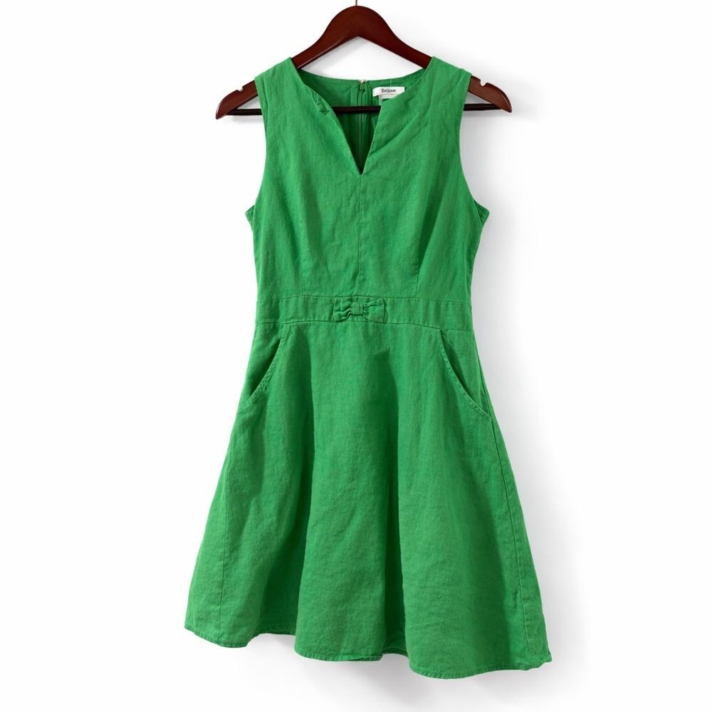 Green Linen Blend Fit Flare Dress Womens Medium Cottagecore Sleeveless Midi